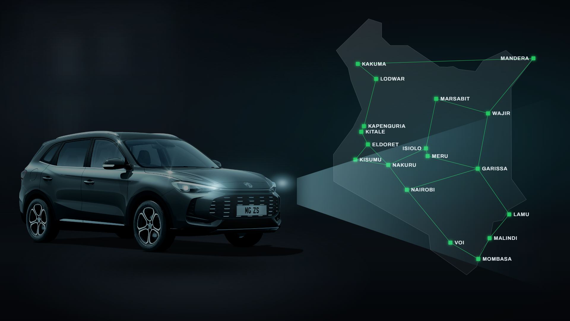 MG ZS at night beside a map of the MG network across Kenya