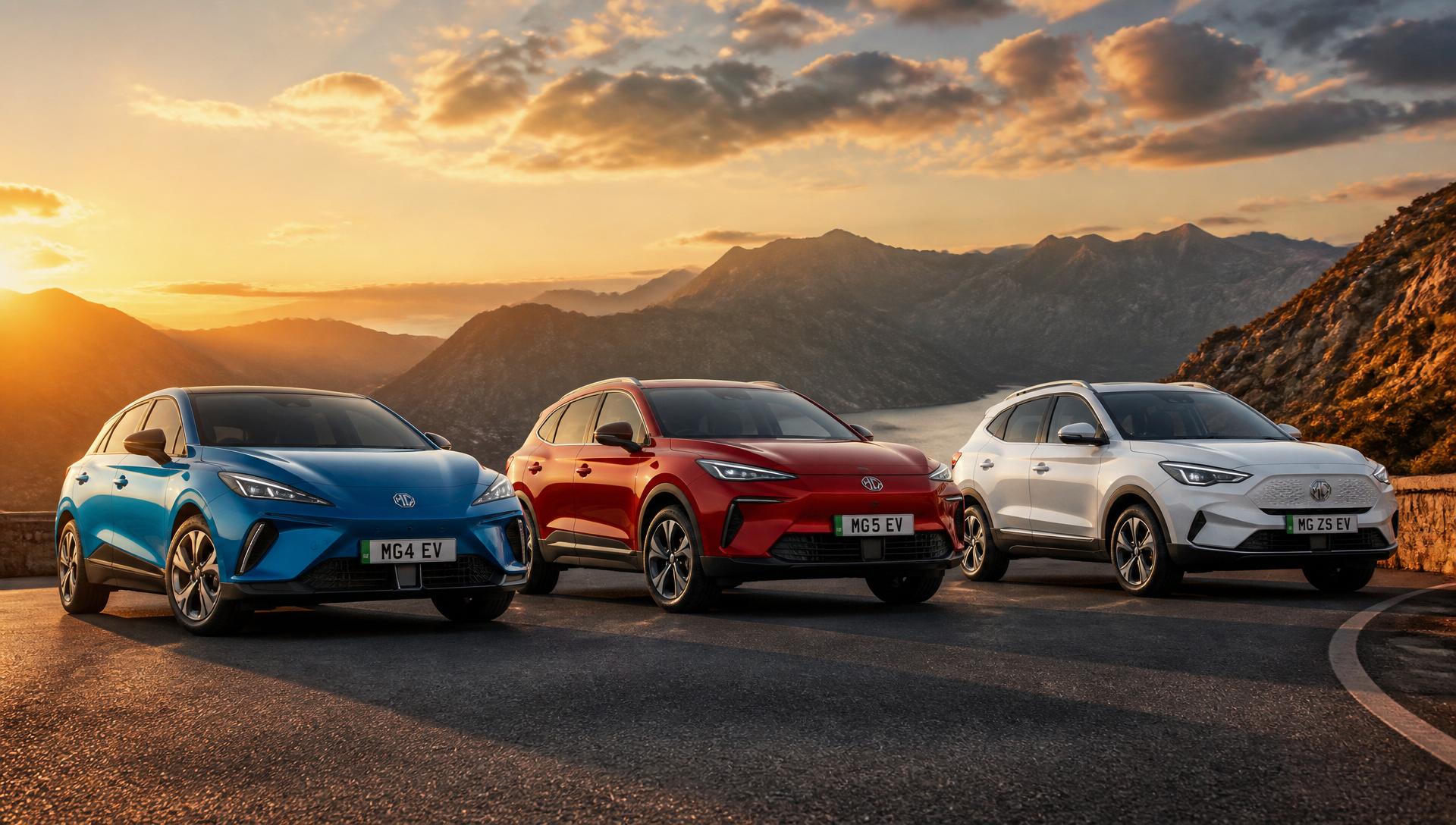 MG4 EV, MG S5 EV and MG ZS lined up at sunset