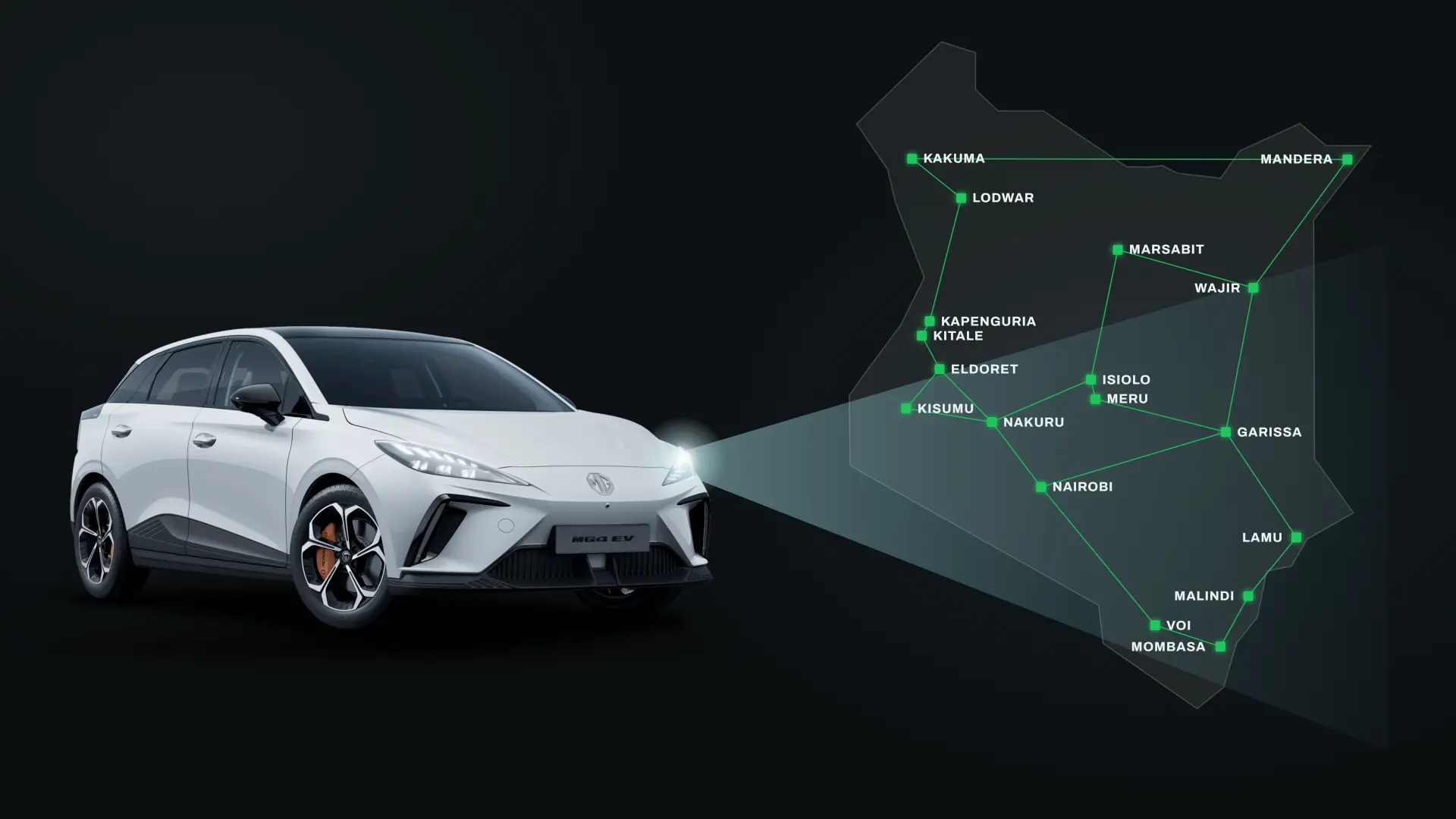 MG electric vehicle beside a map of Kenya coverage